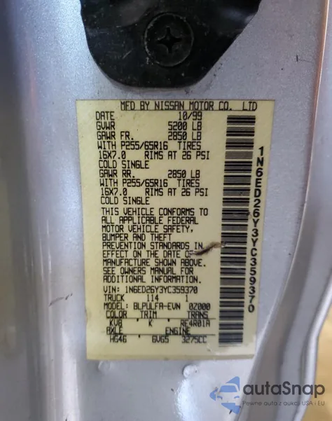 2000 Nissan Frontier King Cab Xe z USA, uszkodzony, nr VIN 1N6ED26Y3YC359370